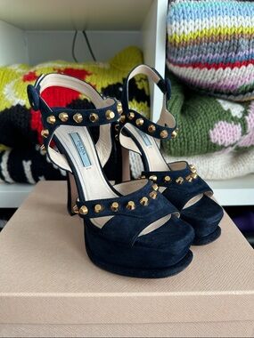 Prada Blue Suede and Gold Studded Platform Heels